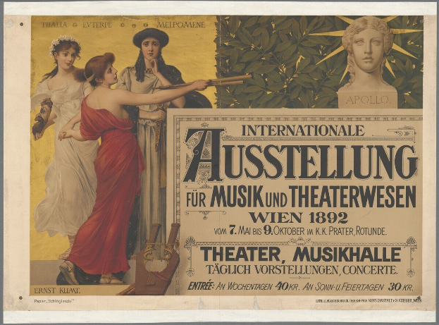 Plakat für die Internationale Ausstellung für Musik und Theaterwesen in Wien, Österreich, das eine Gruppe von Menschen in einem Kreis mit einer Frau, die ein Musikinstrument hält, in der Mitte zeigt und Texte, die Event-Details bereitstellen.