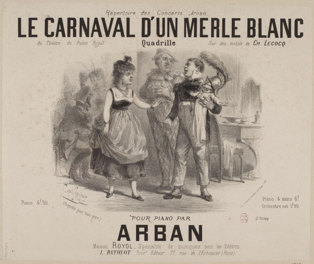 Ein Blatt mit einer Zeichnung eines Mannes und einer Frau in traditioneller Kleidung vor einem festlichen Karneval, beschriftet mit "le carnaval d'un merle blanc."