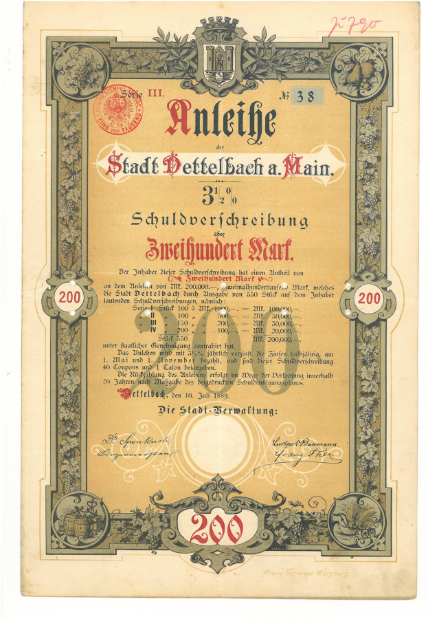 Ein altes deutsches Wertpapier mit einem Porträt eines Mannes, auf dem Text und numerische Werte gedruckt sind.