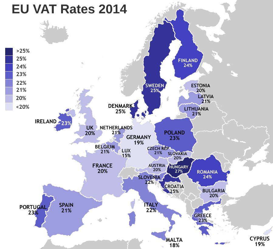 Eine Karte von Europa, die die EU-USt-Sätze für 2014 mit Prozentangaben und Textanzeigen zeigt.