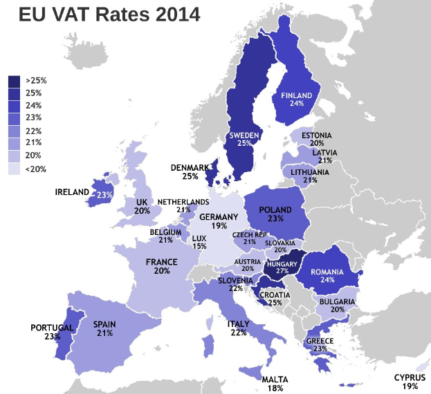 Eine Karte von Europa, die die EU-USt-Sätze für 2014 mit Prozentangaben und Textanzeigen zeigt.