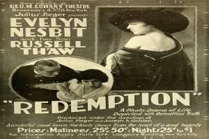 Alter Filmplakat mit dem Titel 'Rettung' mit Evelyn Nesbit und Russell Thaw, mit einer zentralen Illustration eines Frauenkopfs.