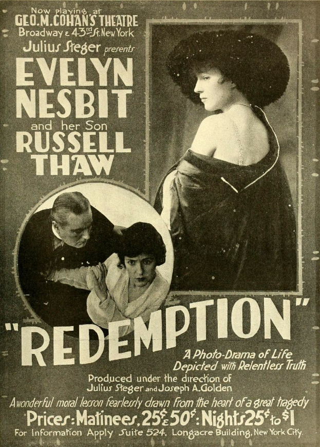 Alter Filmplakat mit dem Titel 'Rettung' mit Evelyn Nesbit und Russell Thaw, mit einer zentralen Illustration eines Frauenkopfs.