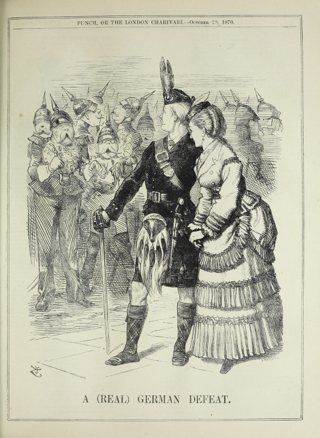 Zwei Personen stehen vor einer Menge, der Mann hält einen Stock, auf einem Papier mit deutschen Niederlage Details.