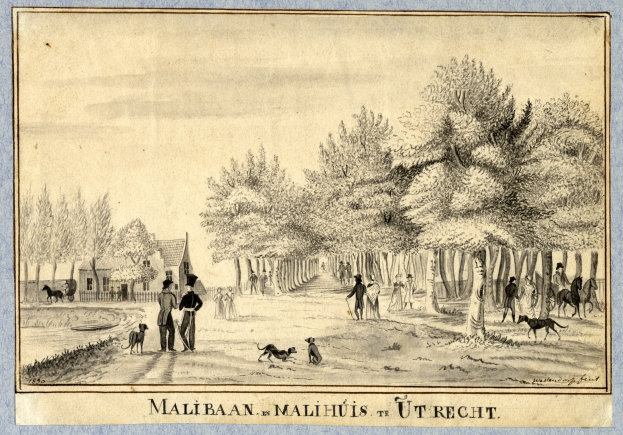 Eine Zeichnung eines Parks mit Menschen, die Hunde spazieren führen, Bäumen, Häusern und Text unten.