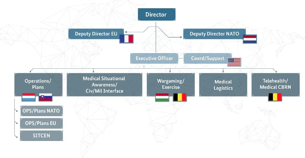 Diagramm der organisatorischen Struktur der Europäischen Union, einschließlich Flaggen der Mitgliedsländer und beschrifteter Abteilungen mit ihren Rollen.