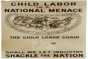 Plakat mit der Überschrift "Kindera(r)beit ist eine nationale Geisel - Sollen wir der Industrie die Nation ausliefern lassen?" mit fetter schwarzer Schrift auf weißem Hintergrund, das eine vielseitige Gruppe von Menschen zeigt, die gemeinsam stehen.