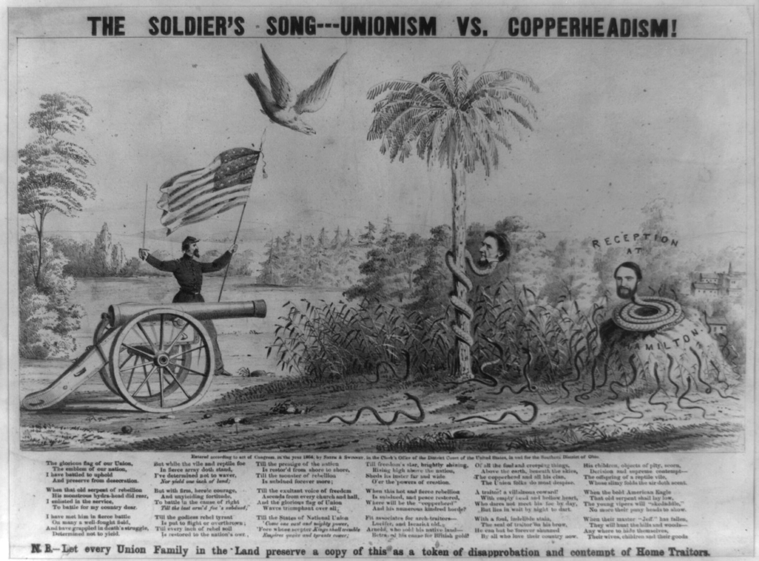 Plakat, das eine Person zeigt, die auf einer Kanone steht, eine Fahne hält und von Bäumen, Pflanzen und einer Schlange umgeben ist, mit der Aufschrift "The Soldier's Song - Unionism vs Copperheadism."