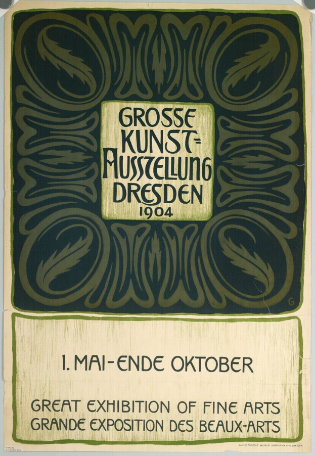 Plakat für die Große Kunstausstellung von 1904 in Dresden, Deutschland, mit fetter Schrift, die das Ereignis ankündigt.