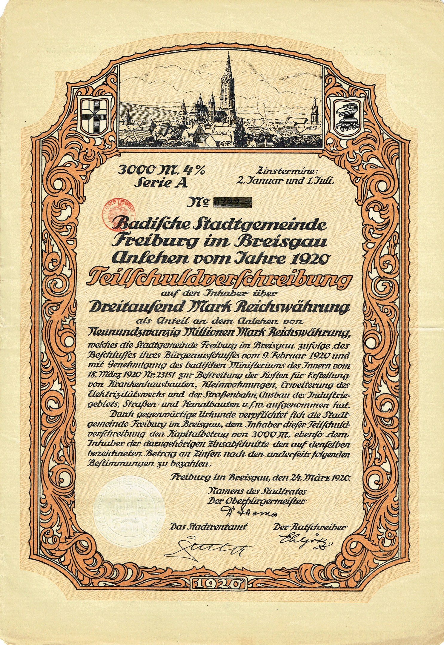 Altes deutsches Wertpapierzertifikat mit einer Stadtansicht und gedrucktem Text, der den Ursprung der Aktie angibt.