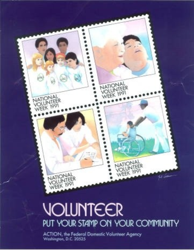 Plakat mit der Aufschrift "Volunteer Put Your Stamp On Your Community" mit einer vielseitigen Gruppe von lächelnden Menschen vor einem hellblauen Himmel mit weißen Wolken und schwarzer Schrift.