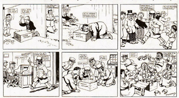 Eine Comic-Strip-Seite mit dem Titel "Der Mann, der lacht" zeigt einen Mann in Anzug und Hut, umgeben von Menschen, Kisten und Gegenständen.