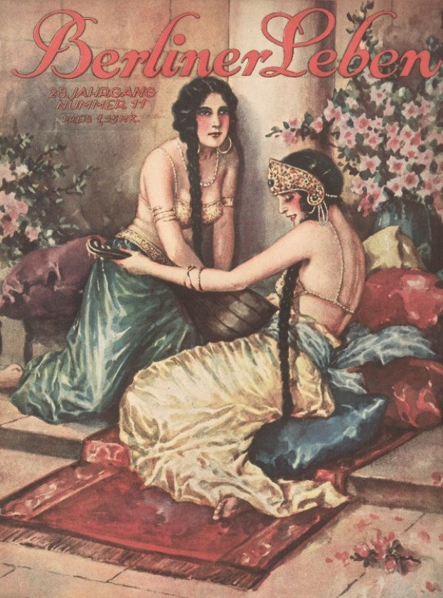 Plakat mit zwei Frauen auf einem Bett mit Kissen und Pflanzen, betitelt "Berliner Leben Magazin-Cover von Oktober 1931"