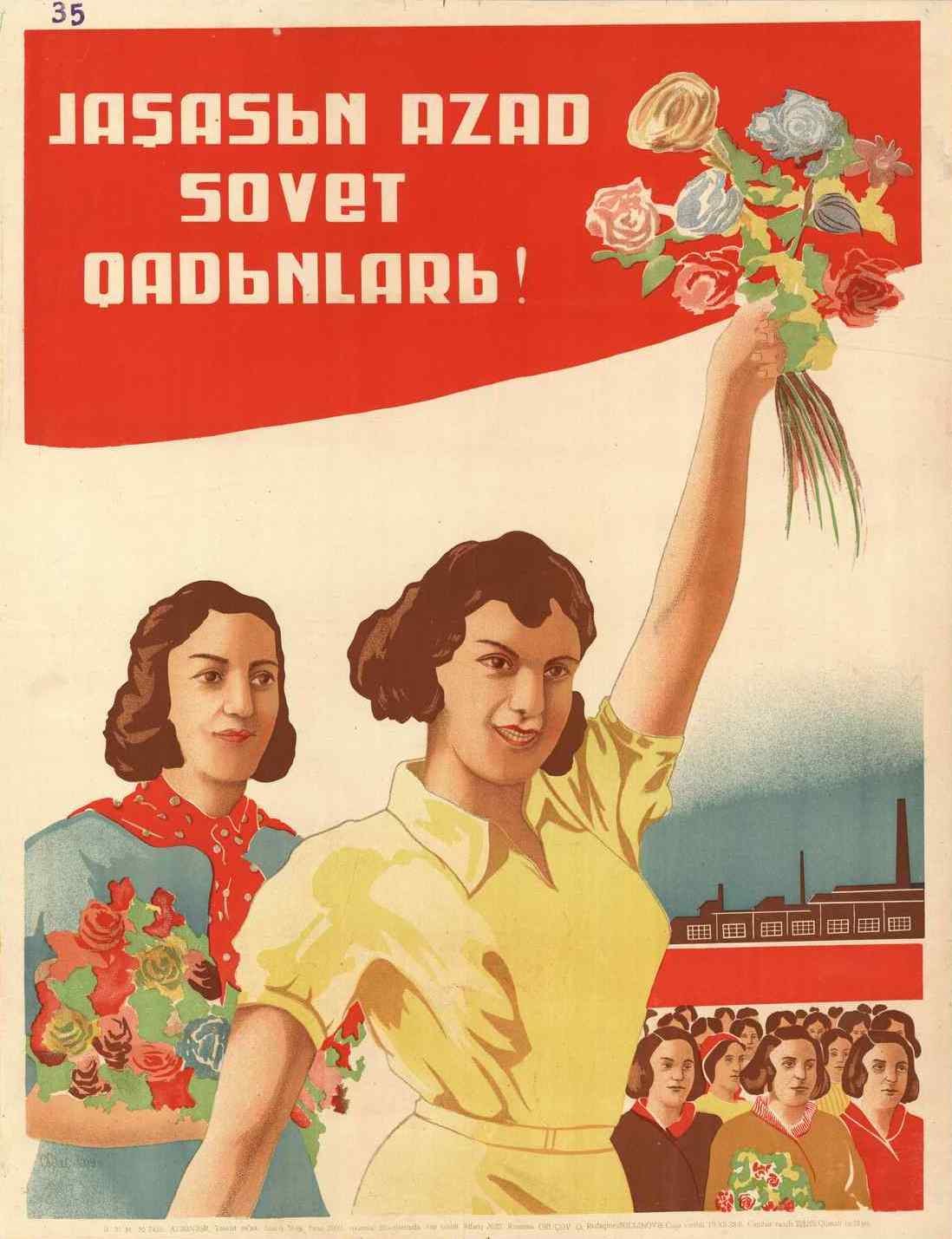 Sowjetisches Propagandaplakat zum Internationalen Frauentag, das eine Frau mit Blumen in einer Menge und einem Gebäude zeigt, mit der Aufschrift "Frauentag."