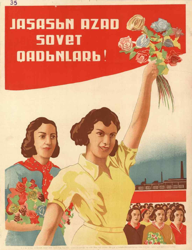 Sowjetisches Propagandaplakat zum Internationalen Frauentag, das eine Frau mit Blumen in einer Menge und einem Gebäude zeigt, mit der Aufschrift "Frauentag."