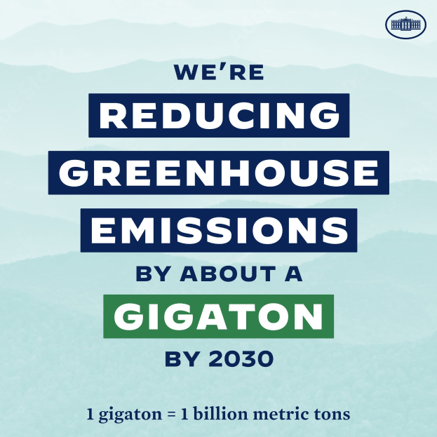 Plakat mit der Aufschrift 'Wir reduzieren die Treibhausgasemissionen um etwa eine Gigatonne bis 2030' und einem Logo, das die Reduzierung der Treibhausgasemissionen bis 2030 fordert.