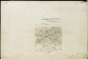 Ein detaillierter alter Stadtplan von Frankfurt, Deutschland, der Straßen, Gebäude, Sehenswürdigkeiten und Text enthält, der Informationen über die Bevölkerung und bemerkenswerte Merkmale bereitstellt.