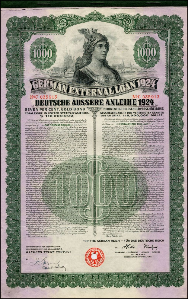 Eine 1924 deutsche Auslandsanleihe-Banknote mit einem Porträt einer Frau und Text und Zahlen, die ihren Nennwert angeben.