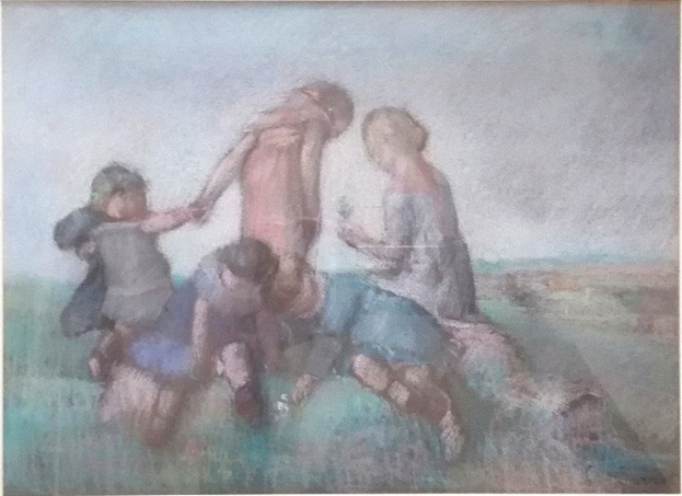 Malerei von Kindern, die auf einem Feld spielen, gerahmt, mit leuchtenden, fröhlichen Farben und spielerischen Gesichtern.