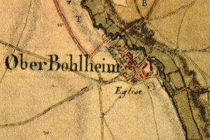 Ein altes Stadtplan von Oberbohlheim, Deutschland, mit einem roten Kreis, der eine zentrale Lage markiert, zeigt Straßen, Gebäude und Sehenswürdigkeiten auf einem cremefarbenen Hintergrund.