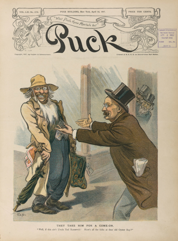 Eine politische Karikatur auf einer alten Zeitung zeigt einen besorgten Mann mit Zylinder und eine Frau in einem Kleid, die auf einem Papier mit Text und Zahlen stehen.