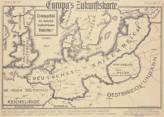 Ein verblasstes frühes 20. Jahrhundert-Karte von Europa mit handgeschriebenen Anmerkungen, die die Grenzen der Europäischen Union umreißen.
