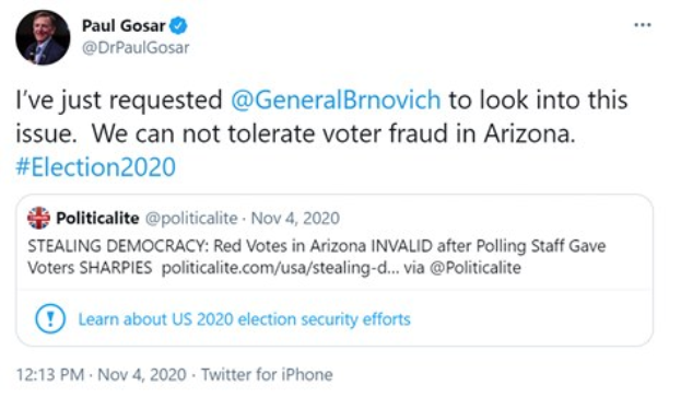 Screenshot des Twitter-Profils von Paul Gosar mit seinem Profilbild und dem Text "Wir können keine Wahlfälschung in Arizona dulden."