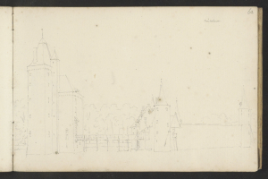 Ein aufgeschlagenes Buch mit dem Titel 'Johannes Vermeulens Skizze der Stadt Heidelberg, Deutschland' zeigt eine Zeichnung einer von Bäumen umgebenen Burg.