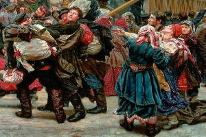 Gemälde von Menschen in traditioneller russischer Kleidung, die vor einem Publikum tanzen, einige halten Gegenstände, vor einem hölzernen Haus als Hintergrund, das eine lebhafte Szene aus der russischen Revolution vermittelt.