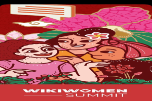 Ein Plakat für den Wikiwomen Summit 2019, das drei Frauen in der Mitte umgeben von Blumen und Blättern zeigt, mit dem Text "Wikiwomen Summit 2019" unten.