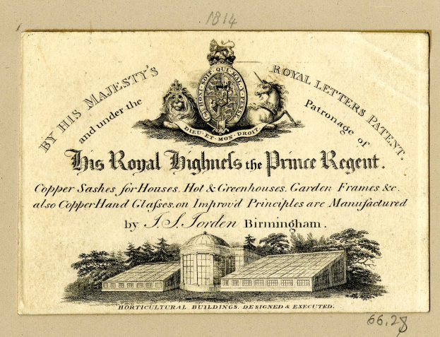 Alte Visitenkarte mit der Aufschrift "The Royal Highmills of the Prince Regent" mit einer Illustration eines Gebäudes und Bäumen sowie einem Logo.