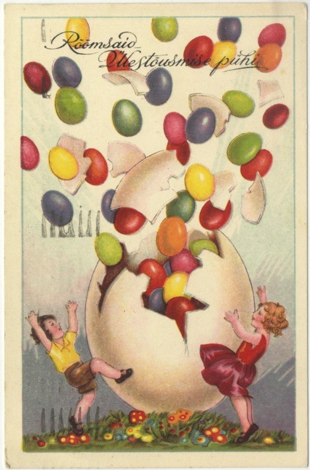 Bunte Postkarte mit zwei Kindern, die mit Ostereiern spielen, mit handgeschriebener Schrift und leuchtenden Farben.
