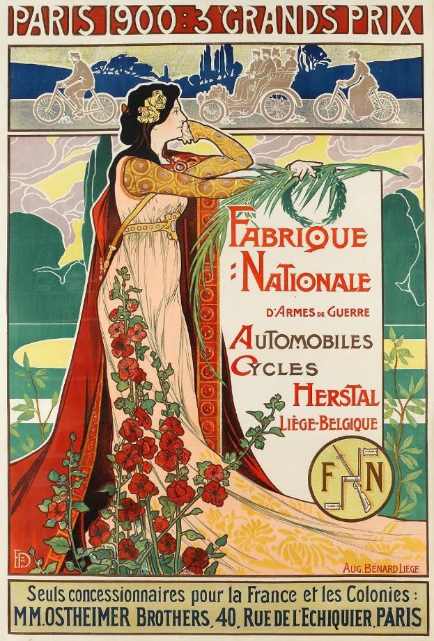Plakat für ein Radrennen in Paris mit einer Frau in rotem Kleid und Blumenstrauß sowie Radfahrern im Hintergrund.