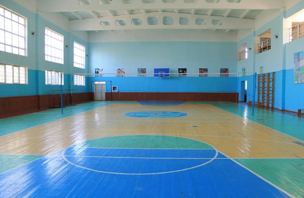 Großer Turnsaal mit blau-weißem Boden, Basketballfeld, Netz, Stangen, Tür, Fenstern, Plakaten an den Wänden, Geländer und Dach.