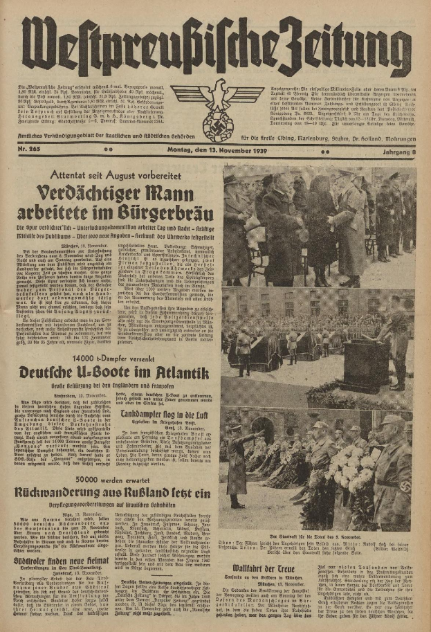 Schwarze und weiße Titelseite einer deutschen Zeitung vom 13. November 1939 mit der Schlagzeile "Weitpreubliche Zeitung" und einem Foto von Menschen in traditioneller deutscher Tracht beim Feiern.