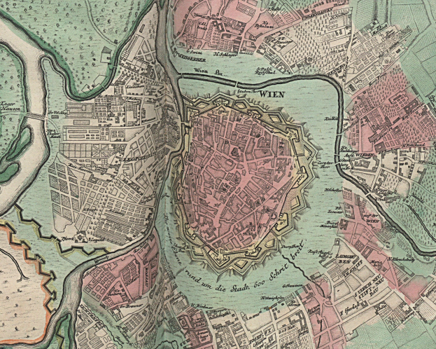 Ein altes Stadtplan von Wien, Deutschland, zeigt Straßen, Gebäude und Sehenswürdigkeiten in detaillierter Weise.