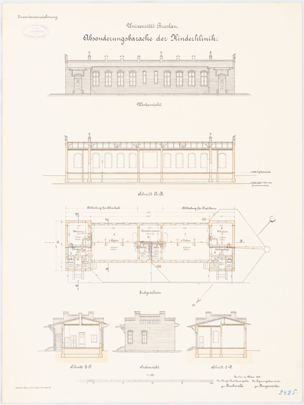 Schwarz-weißes Architekturdiagramm eines Gebäudes mit zahlreichen Fenstern und einem Grundriss, beschriftet als die Universität Berlin.