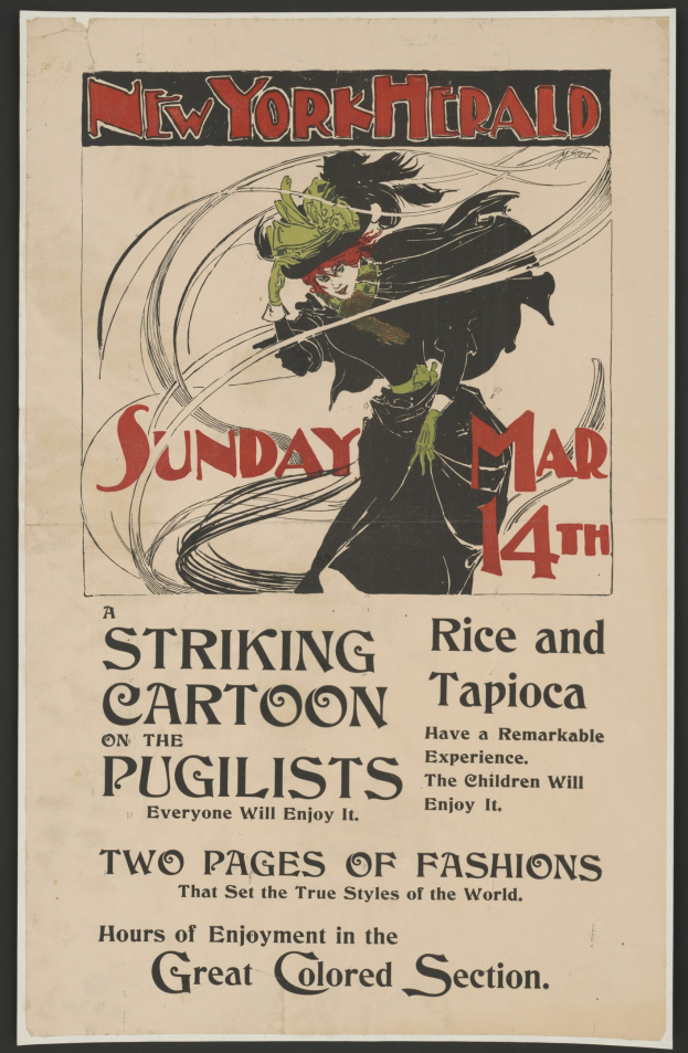 Plakat für die New York Herald am Sonntag, den 14. März, mit einer Karikatur einer Frau mit einem menschlichen Gesicht und Text, der das Ereignis beschreibt.