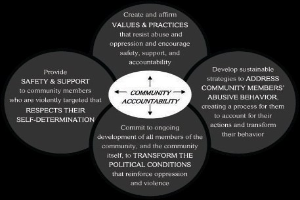 Ein Diagramm mit der Bezeichnung "Verantwortung in der Gemeinschaft" mit einem zentralen Kreis, der durch Pfeile mit drei überlappenden Kreisen verbunden ist, alle in fetter, leuchtender Farbe.