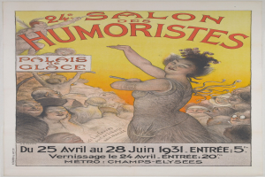 Plakat für den Salon des Humoristes in Paris mit einem Porträt einer Frau, umgeben von einer Menge, und einem Text, der das Ereignis beschreibt.