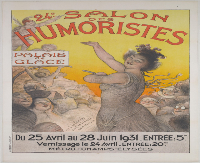 Plakat für den Salon des Humoristes in Paris mit einem Porträt einer Frau, umgeben von einer Menge, und einem Text, der das Ereignis beschreibt.