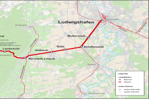 Eine Karte von Ludwigshafen, Deutschland, mit einer roten Linie, die die Bahnroute anzeigt, und Text, der Details zur Länge, Entfernung und Sehenswürdigkeiten der Bahn liefert.