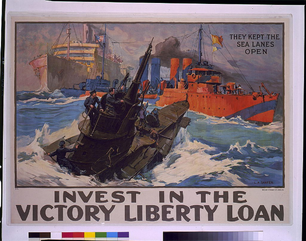 Ein Plakat mit Booten auf dem Wasser und Menschen an Bord, das die Victory Liberty Anleihe bewirbt.