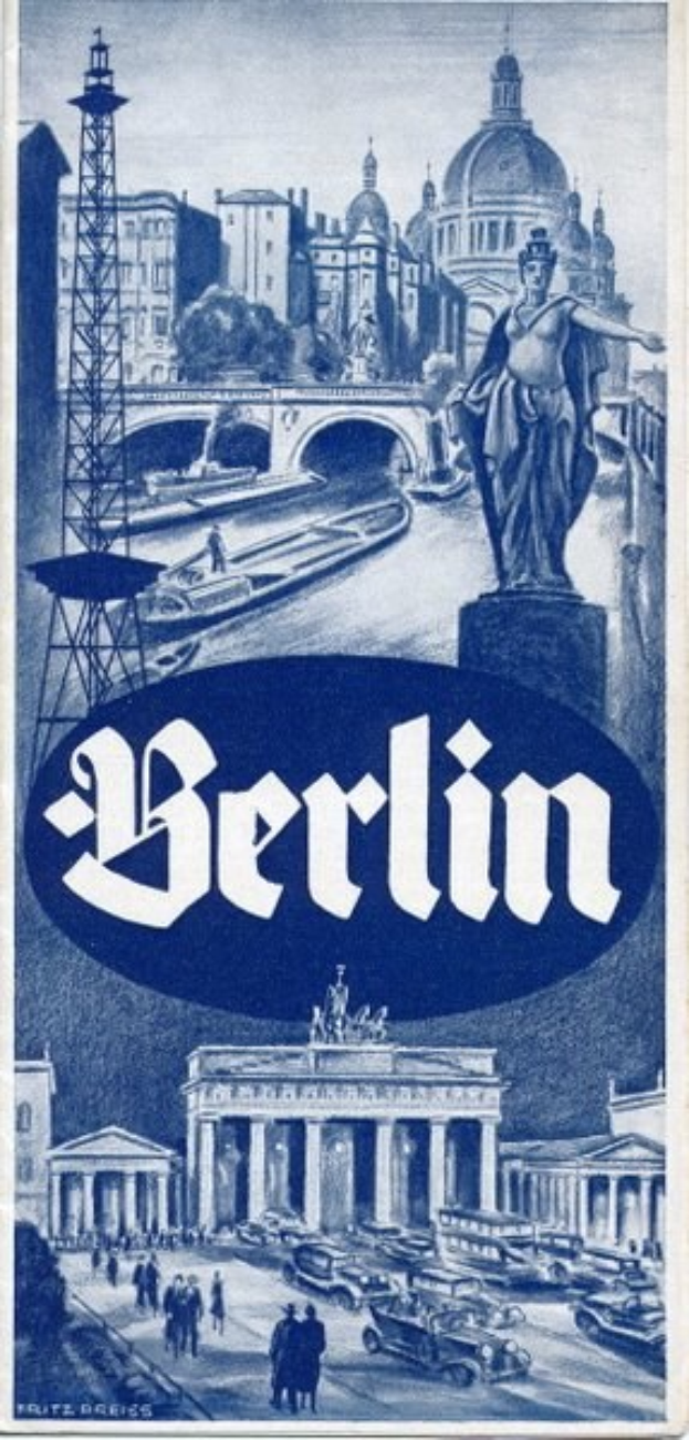 Plakat, das Berlin, Deutschland bewirbt und eine Statue, Gebäude, einen Turm, Menschen, Fahrzeuge auf der Straße und eine Brücke zeigt, sowie Text, der Informationen über die Stadt enthält.