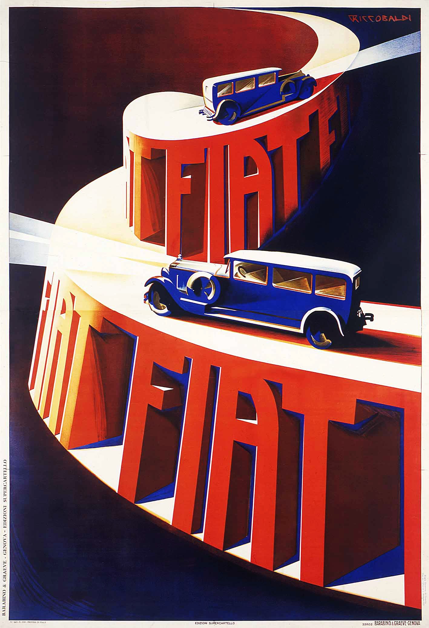 Blaue und rote Fiat-Autos auf einem Plakat mit dem "Fiat"-Logo.