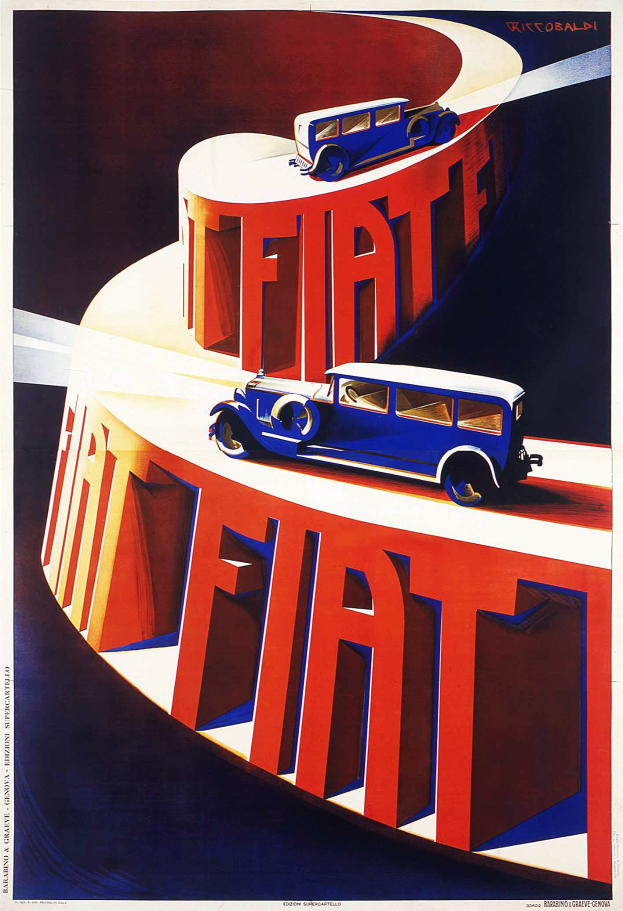 Blaue und rote Fiat-Autos auf einem Plakat mit dem "Fiat"-Logo.