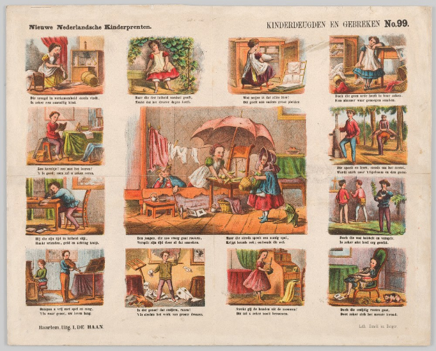 Ein abgenutztes Buch mit illustrierten Szenen von Kindern, die in einem sonnigen, grünen Garten mit Bäumen und Sträuchern spielen.