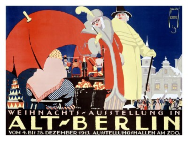 Poster advertising a Christmas exhibition in old Berlin, Germany, with a colorful illustration of people, buildings, and objects, and the text "Weihnachts Ausstellung in Alt-Berlin" at the top.