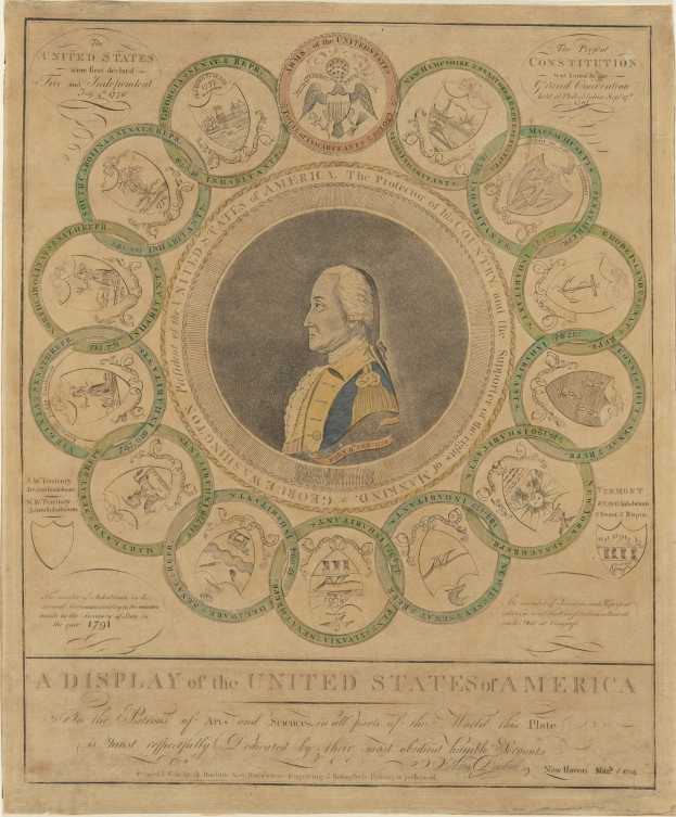 Ein Blatt mit einem Porträt von George Washington in der Mitte, umgeben von einer kreisförmigen Anordnung von US-Münzen mit verschiedenen Designs und Begleittext.