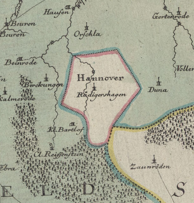 Detailierte alte Karte von Hannover, Deutschland, zeigt geografische Merkmale, Städte, Ortschaften, Straßen, Sehenswürdigkeiten und zusätzliche Textinformationen.